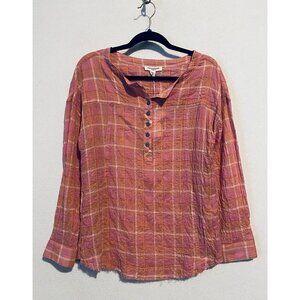 Beach Lunch Lounge Top Womens Small Plaid Henley Long Sleeve Frayed Hem Crinkled